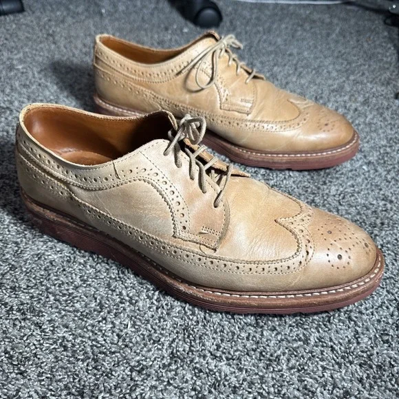 Allen Edmonds Shoes Mens 9.5 D Tan Leather Shannon Drive Brogue Long Wingtip - Picture 2 of 8
